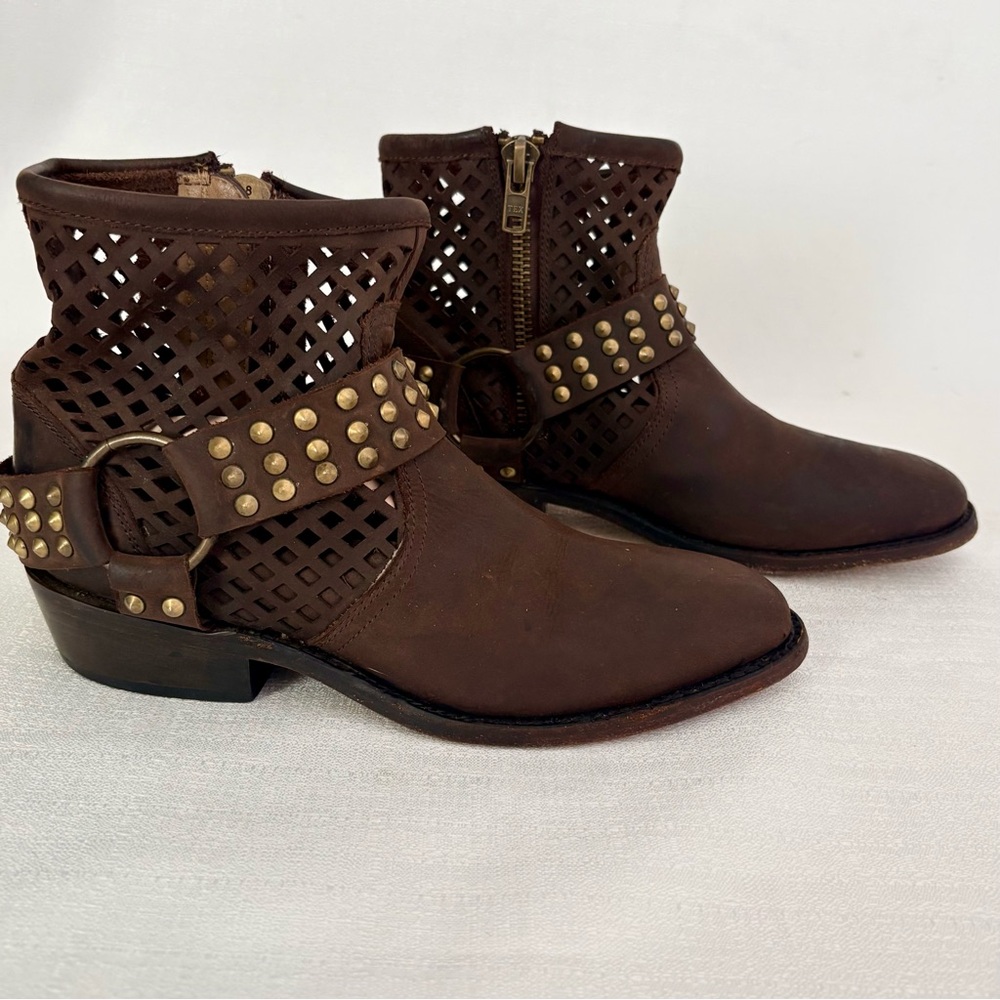 Moto Ankle Boots Brown Genuine Leather Studded  Chunky‎ size 8